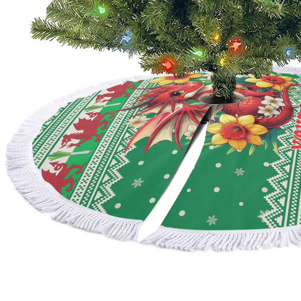 Personalized Wales Christmas Tree Skirt Cute Red Welsh Dragon and Daffodils - Wonder Print Shop