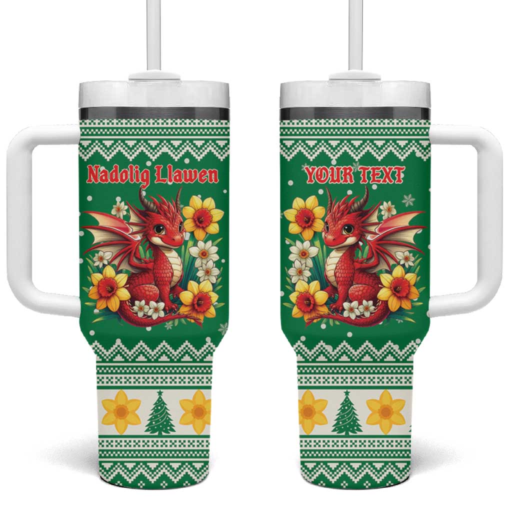 Personalized Wales Christmas Tumbler With Handle Cute Red Welsh Dragon and Daffodils - Wonder Print Shop