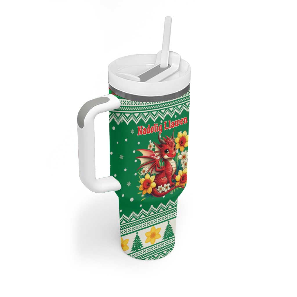 Personalized Wales Christmas Tumbler With Handle Cute Red Welsh Dragon and Daffodils - Wonder Print Shop