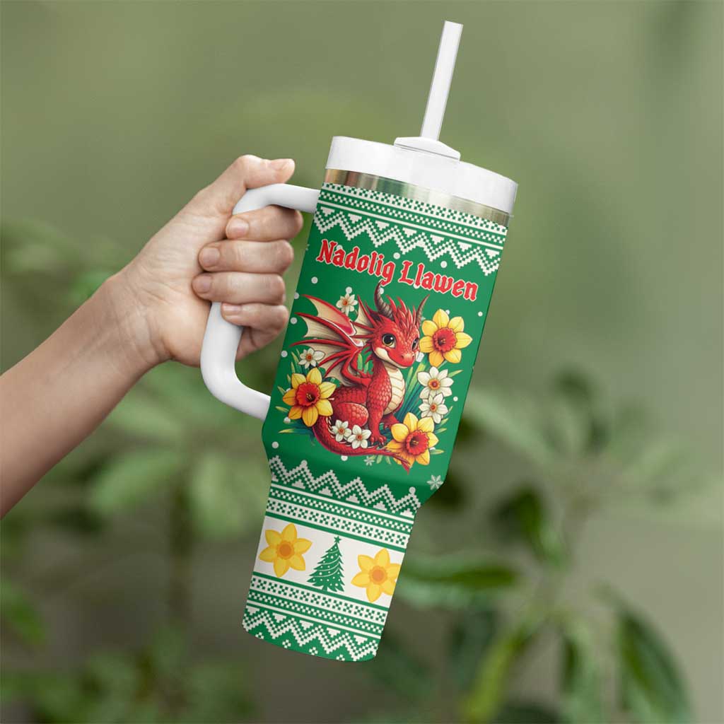Personalized Wales Christmas Tumbler With Handle Cute Red Welsh Dragon and Daffodils - Wonder Print Shop