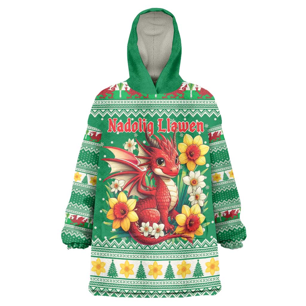 Personalized Wales Christmas Wearable Blanket Hoodie Cute Red Welsh Dragon and Daffodils - Wonder Print Shop