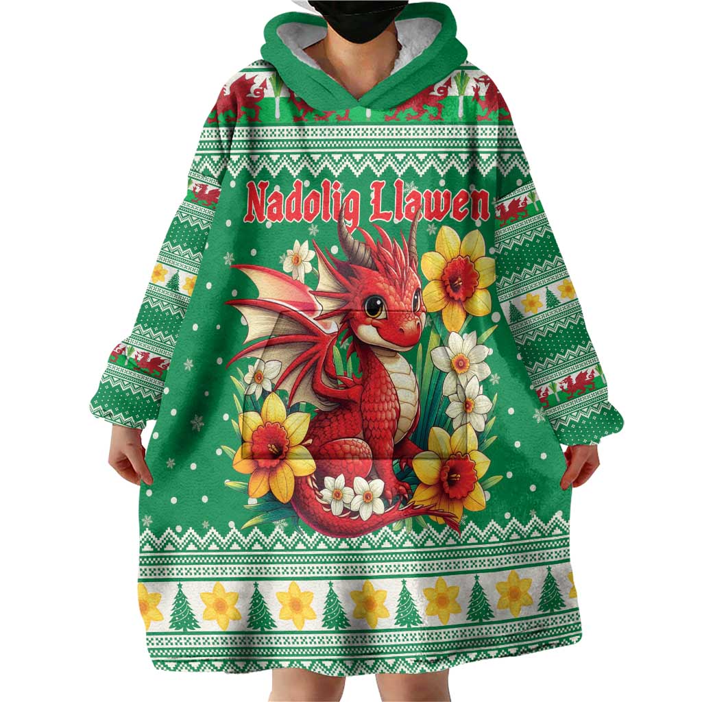 Personalized Wales Christmas Wearable Blanket Hoodie Cute Red Welsh Dragon and Daffodils - Wonder Print Shop