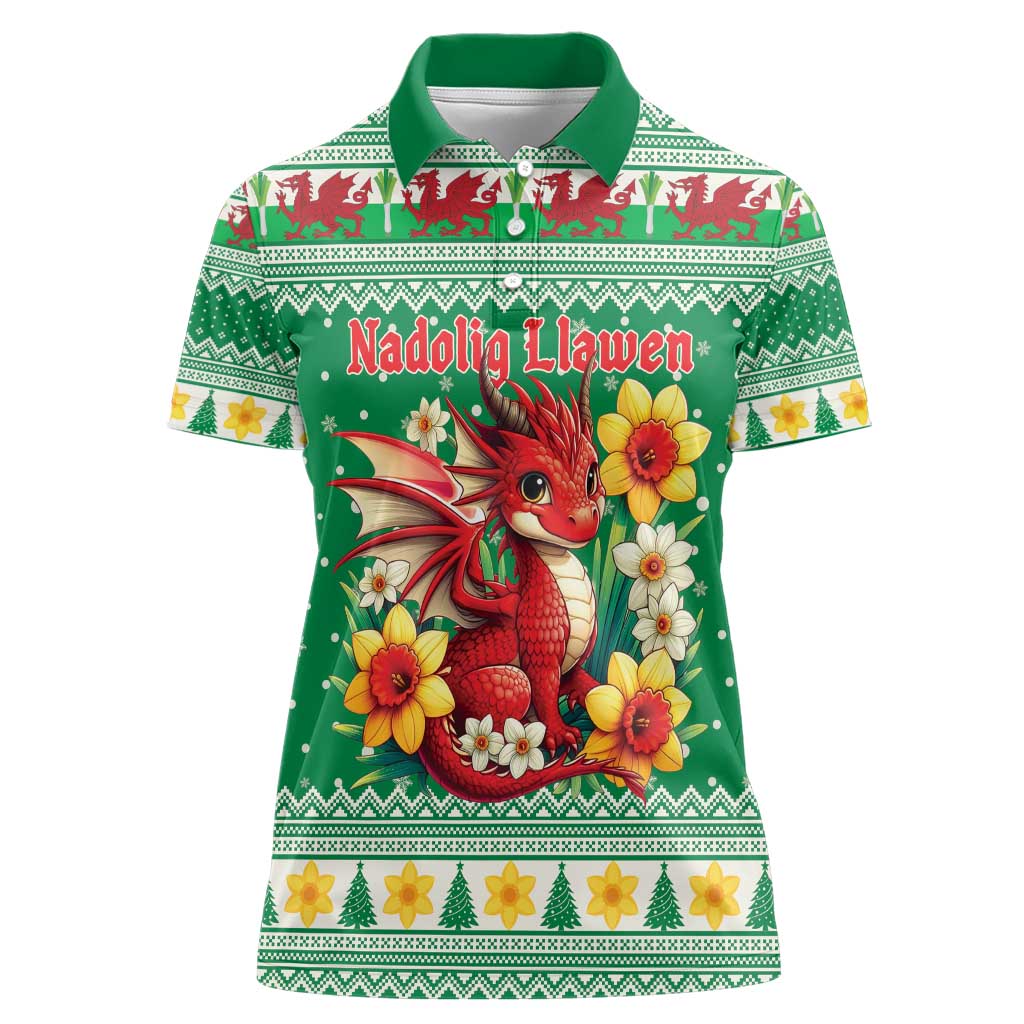Personalized Wales Christmas Women Polo Shirt Cute Red Welsh Dragon and Daffodils - Wonder Print Shop