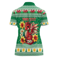 Personalized Wales Christmas Women Polo Shirt Cute Red Welsh Dragon and Daffodils - Wonder Print Shop
