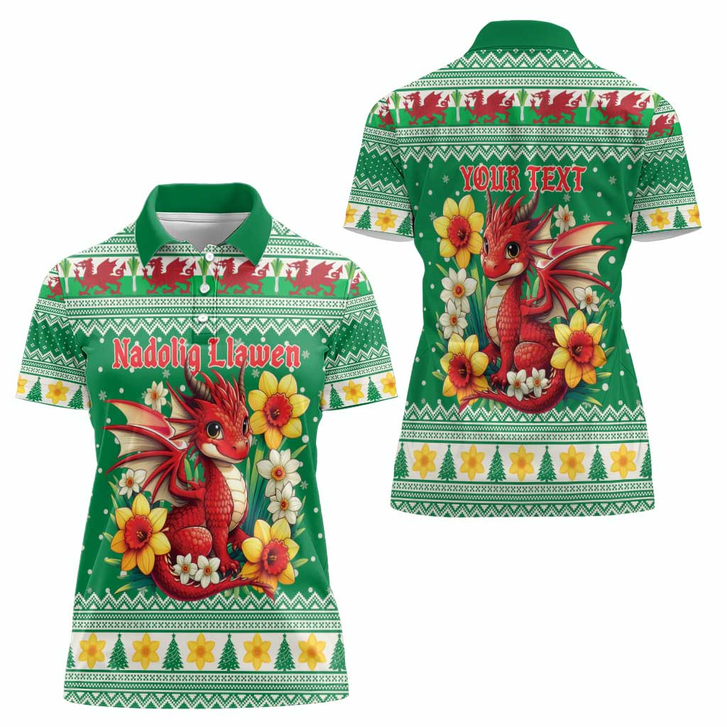 Personalized Wales Christmas Women Polo Shirt Cute Red Welsh Dragon and Daffodils - Wonder Print Shop