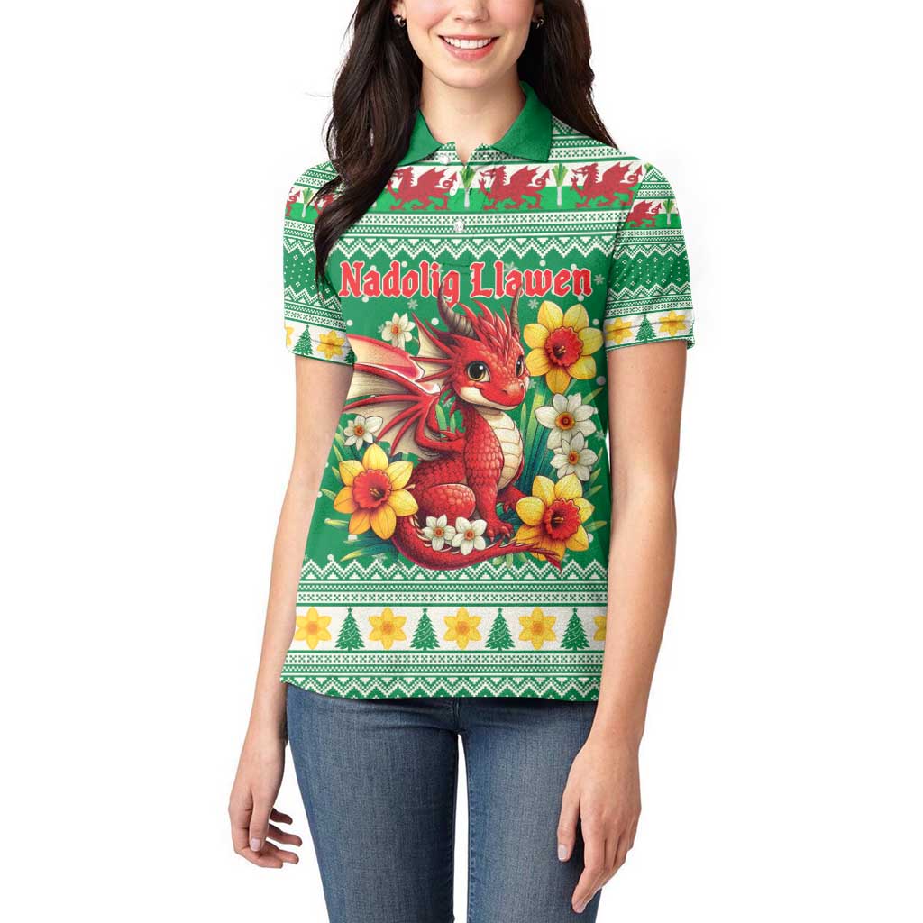 Personalized Wales Christmas Women Polo Shirt Cute Red Welsh Dragon and Daffodils - Wonder Print Shop