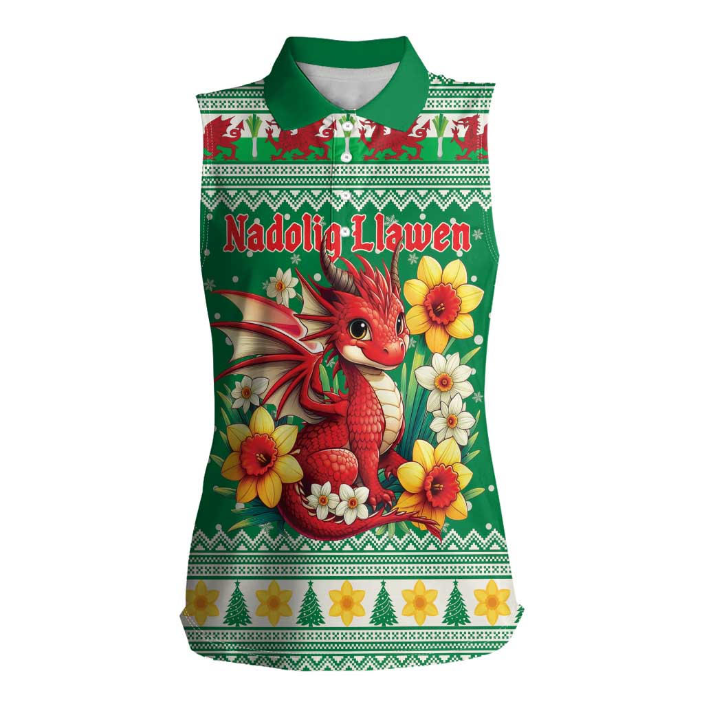 Personalized Wales Christmas Women Sleeveless Polo Shirt Cute Red Welsh Dragon and Daffodils - Wonder Print Shop