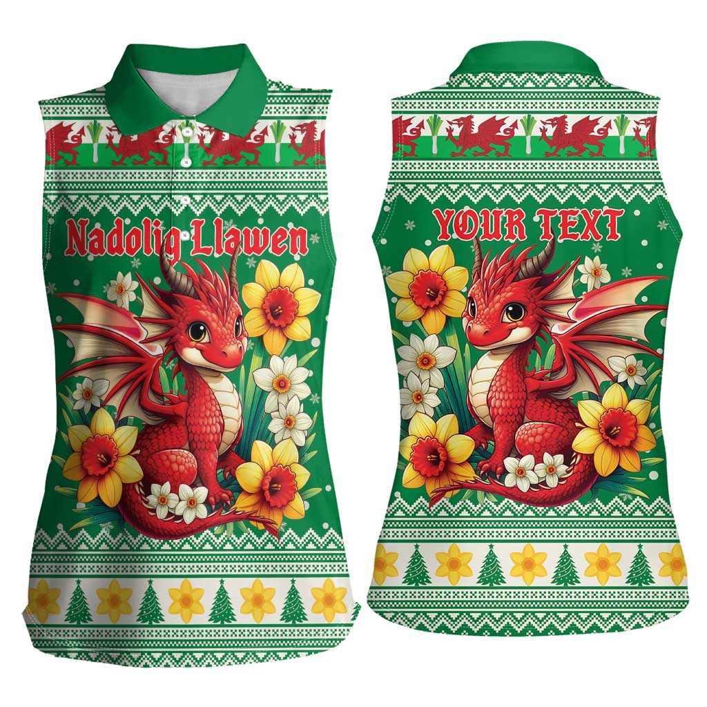 Personalized Wales Christmas Women Sleeveless Polo Shirt Cute Red Welsh Dragon and Daffodils - Wonder Print Shop