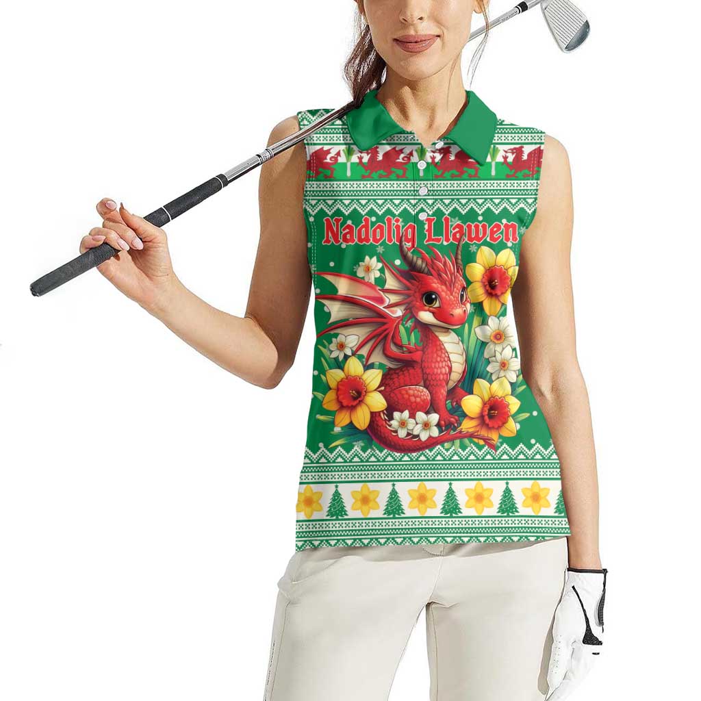 Personalized Wales Christmas Women Sleeveless Polo Shirt Cute Red Welsh Dragon and Daffodils - Wonder Print Shop