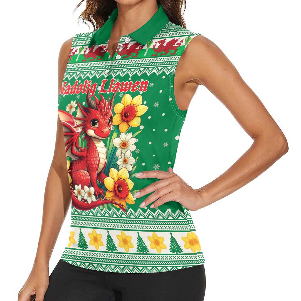 Personalized Wales Christmas Women Sleeveless Polo Shirt Cute Red Welsh Dragon and Daffodils - Wonder Print Shop