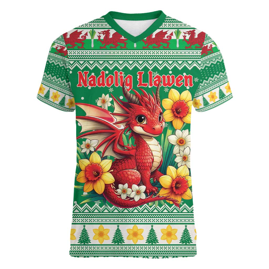 Personalized Wales Christmas Women V-Neck T-Shirt Cute Red Welsh Dragon and Daffodils - Wonder Print Shop