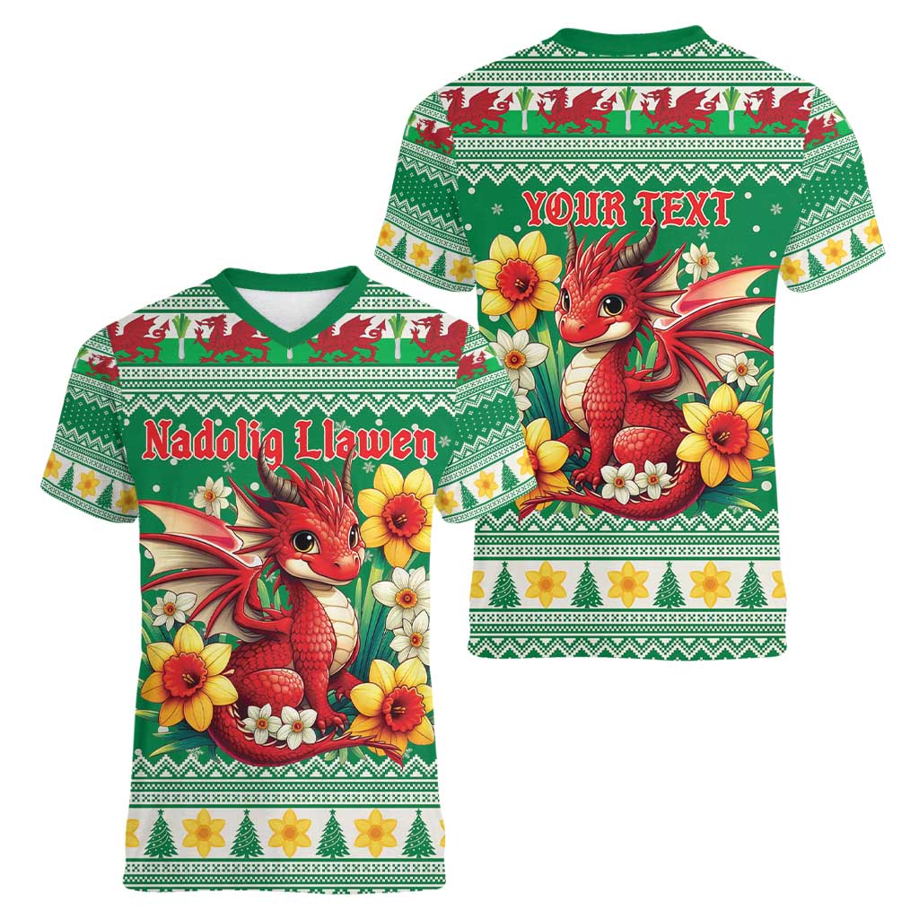 Personalized Wales Christmas Women V-Neck T-Shirt Cute Red Welsh Dragon and Daffodils - Wonder Print Shop