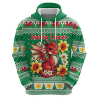 Personalized Wales Christmas Zip Hoodie Cute Red Welsh Dragon and Daffodils - Wonder Print Shop
