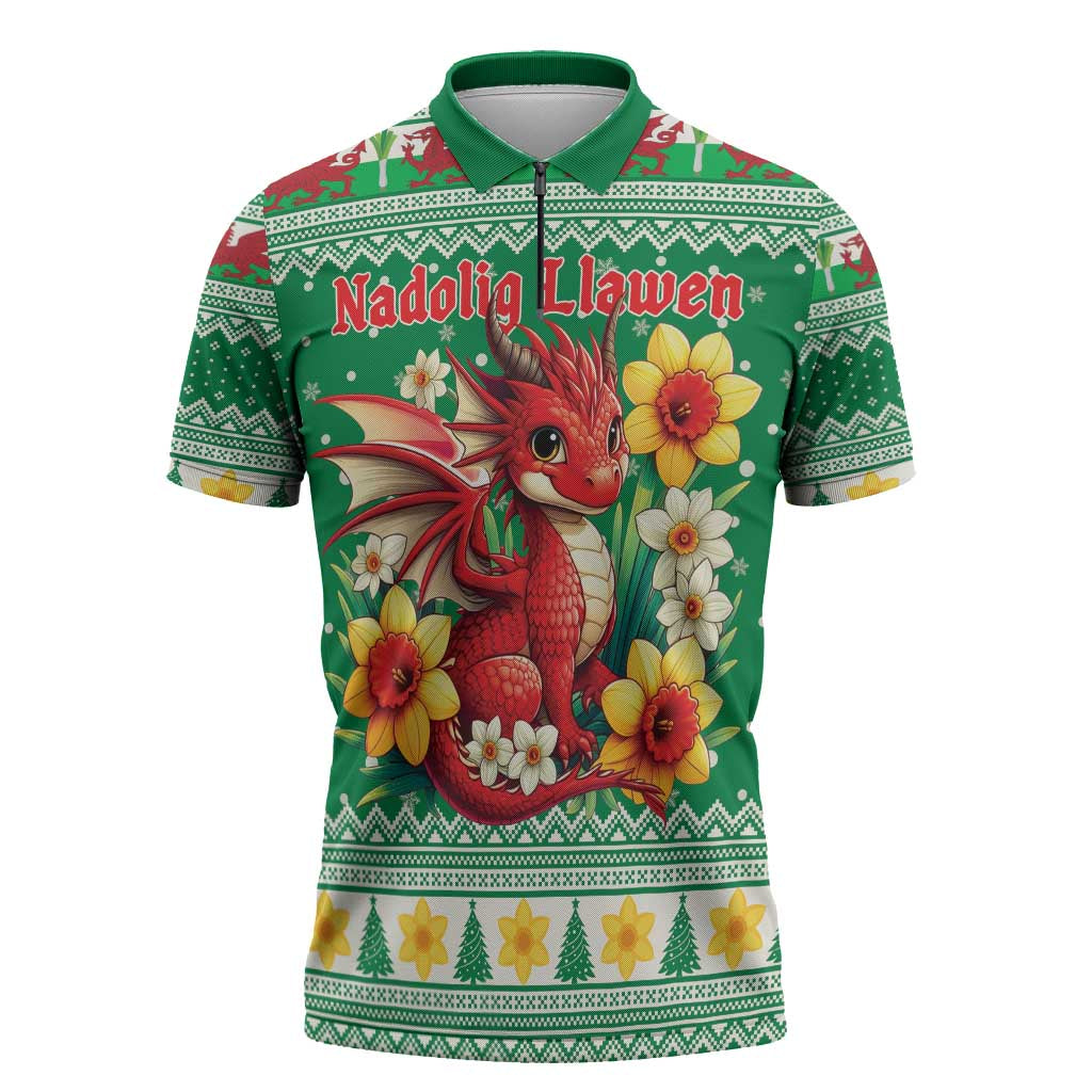 Personalized Wales Christmas Zipper Polo Shirt Cute Red Welsh Dragon and Daffodils - Wonder Print Shop