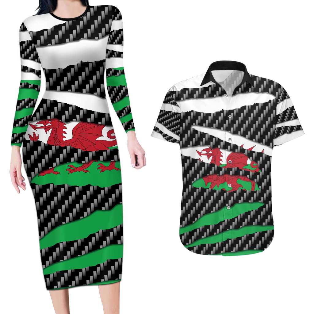 Wales Beast Couples Matching Long Sleeve Bodycon Dress and Hawaiian Shirt Ripped Flag Graphic - Wonder Print Shop