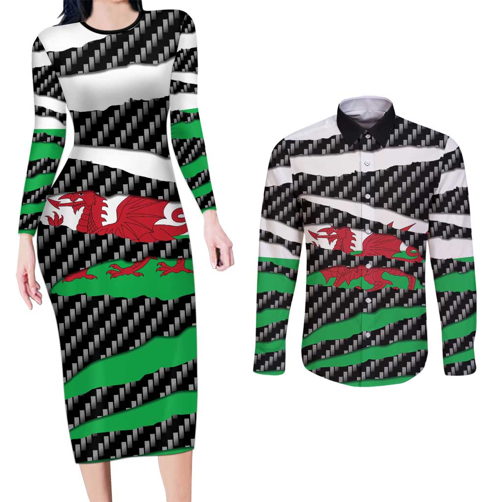 Wales Beast Couples Matching Long Sleeve Bodycon Dress and Long Sleeve Button Shirt Ripped Flag Graphic - Wonder Print Shop