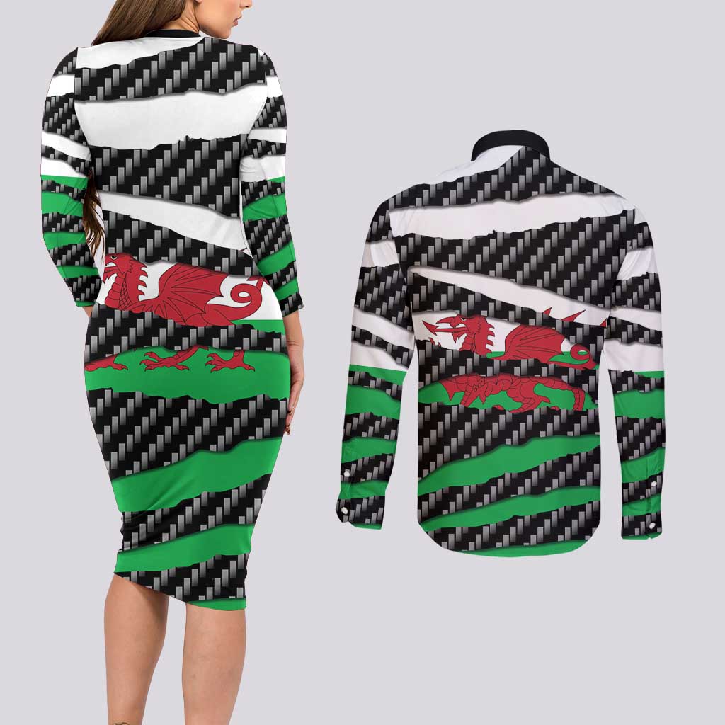Wales Beast Couples Matching Long Sleeve Bodycon Dress and Long Sleeve Button Shirt Ripped Flag Graphic - Wonder Print Shop