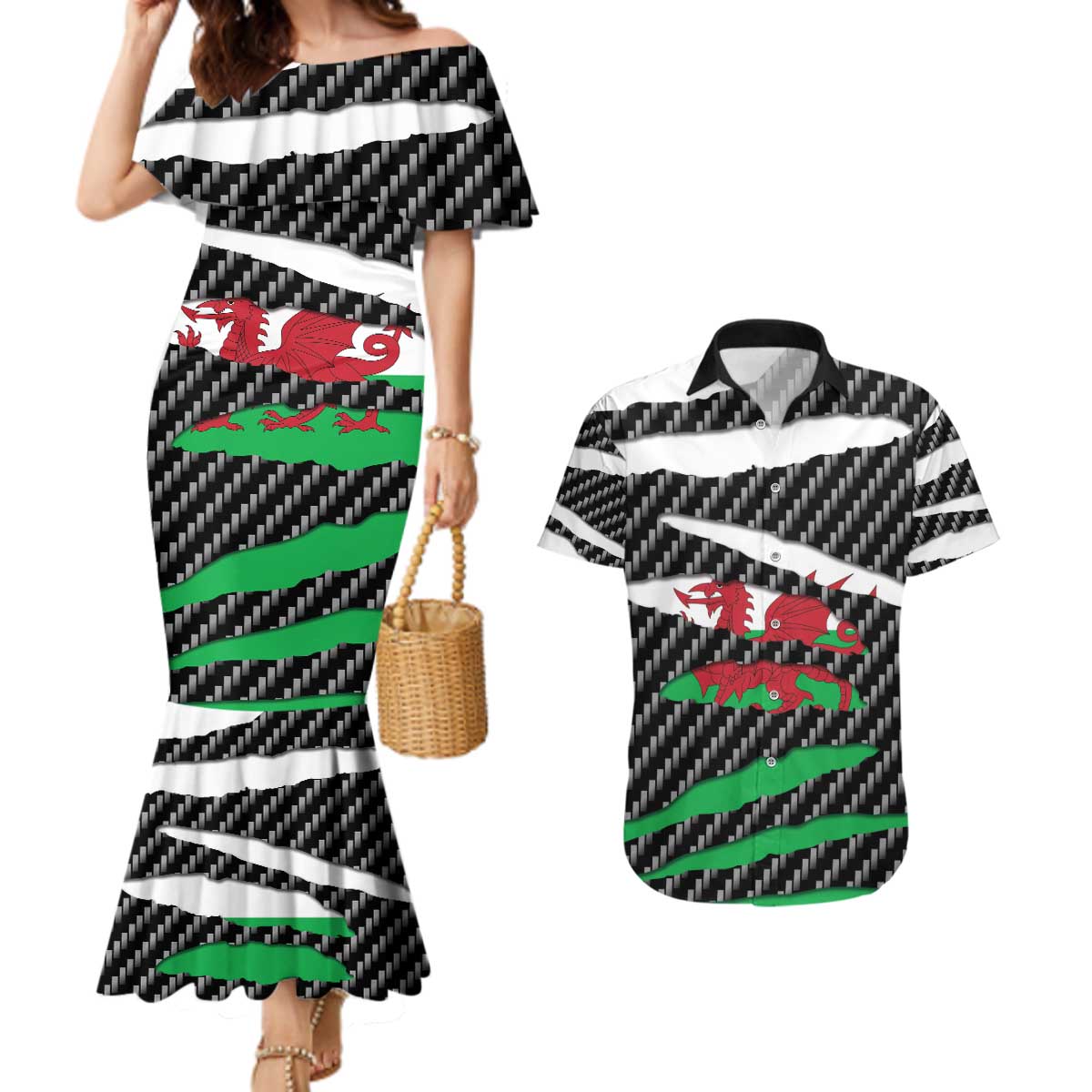 Wales Beast Couples Matching Mermaid Dress and Hawaiian Shirt Ripped Flag Graphic - Wonder Print Shop
