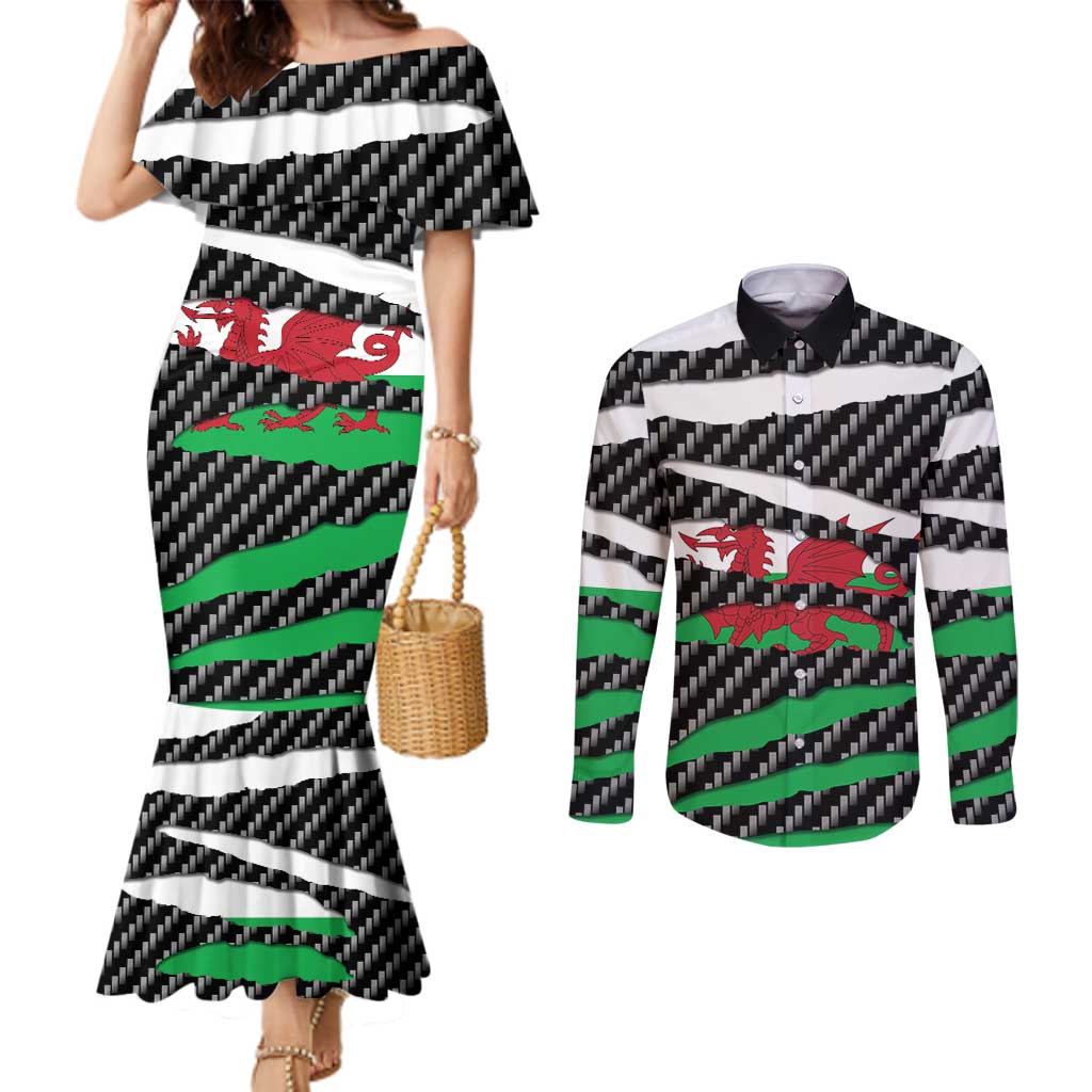 Wales Beast Couples Matching Mermaid Dress and Long Sleeve Button Shirt Ripped Flag Graphic - Wonder Print Shop