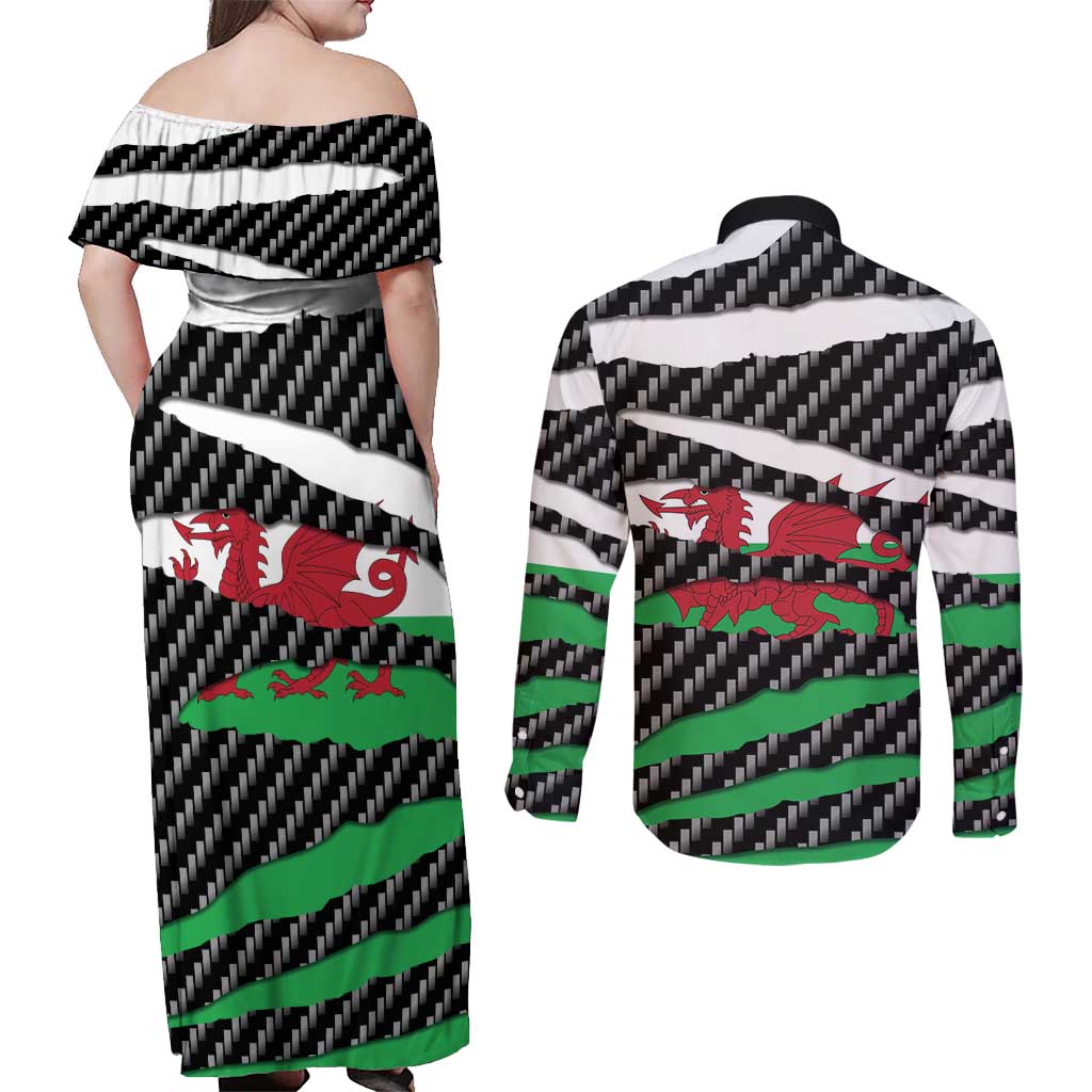 Wales Beast Couples Matching Off Shoulder Maxi Dress and Long Sleeve Button Shirt Ripped Flag Graphic - Wonder Print Shop