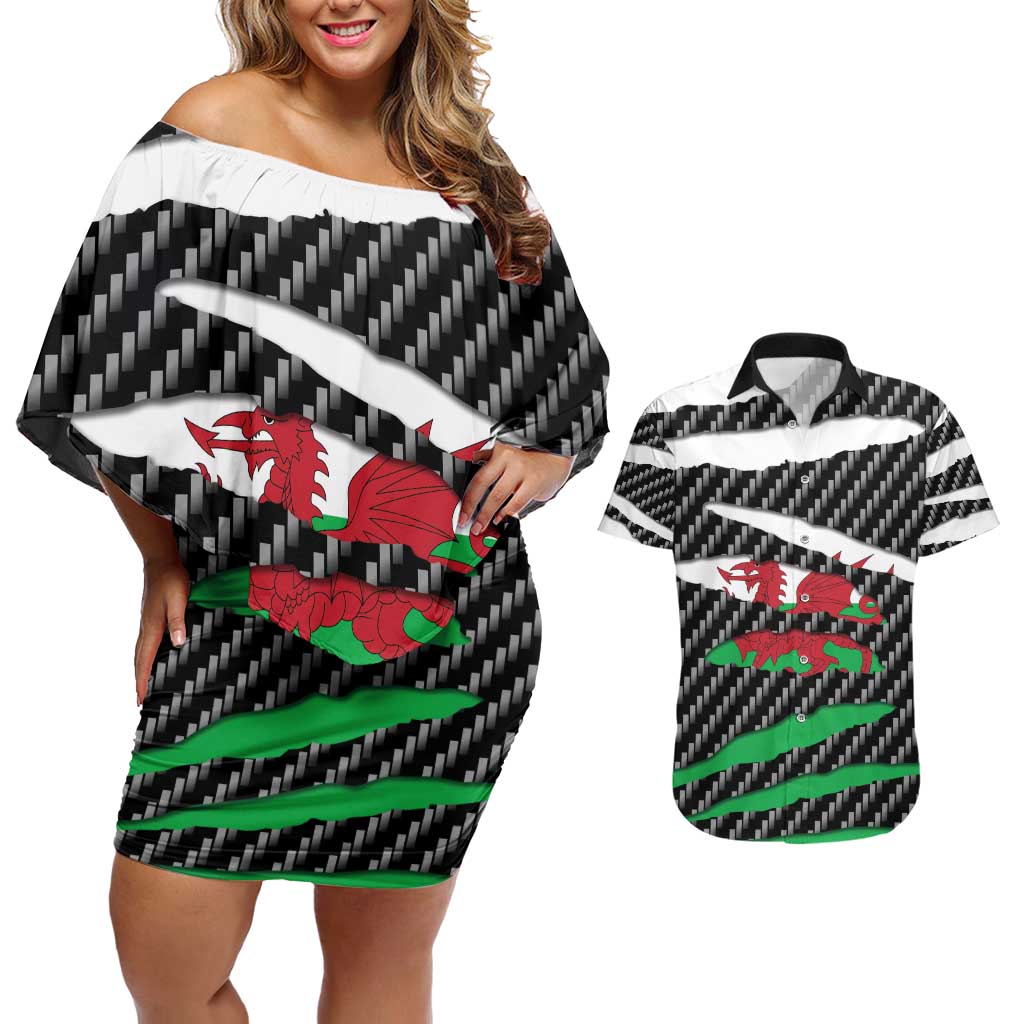 Wales Beast Couples Matching Off Shoulder Short Dress and Hawaiian Shirt Ripped Flag Graphic - Wonder Print Shop