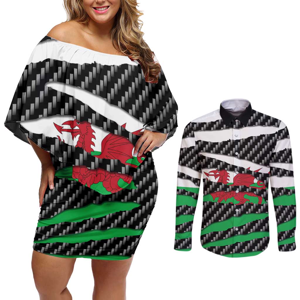 Wales Beast Couples Matching Off Shoulder Short Dress and Long Sleeve Button Shirt Ripped Flag Graphic - Wonder Print Shop