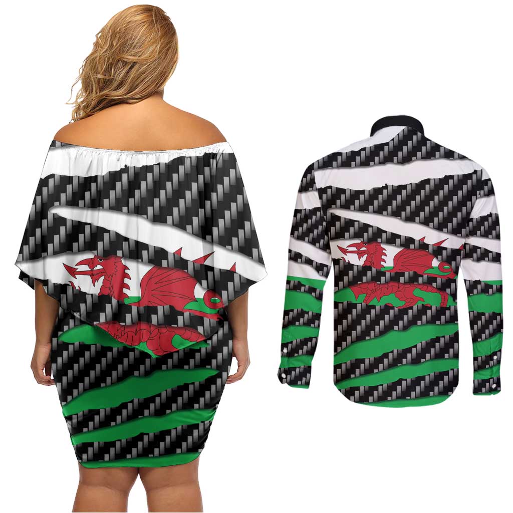 Wales Beast Couples Matching Off Shoulder Short Dress and Long Sleeve Button Shirt Ripped Flag Graphic - Wonder Print Shop