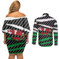Wales Beast Couples Matching Off Shoulder Short Dress and Long Sleeve Button Shirt Ripped Flag Graphic - Wonder Print Shop