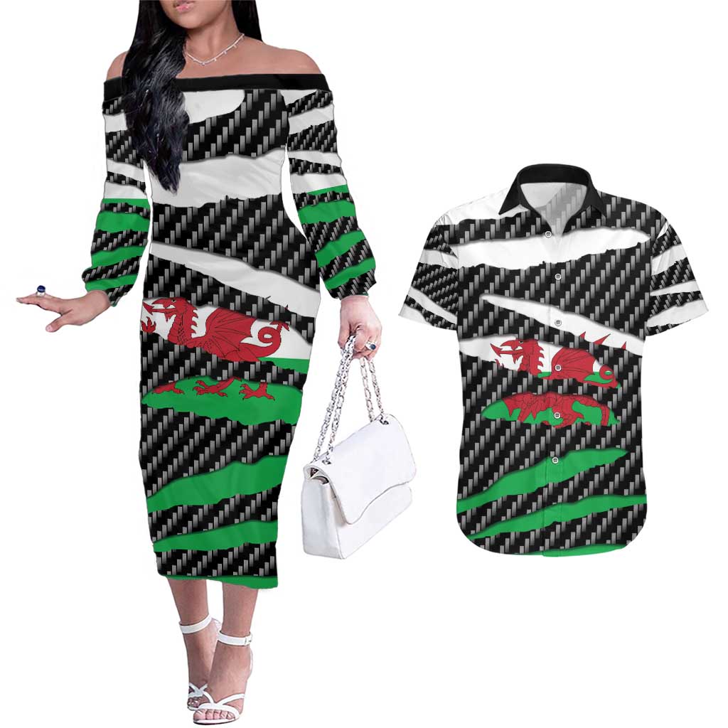 Wales Beast Couples Matching Off The Shoulder Long Sleeve Dress and Hawaiian Shirt Ripped Flag Graphic - Wonder Print Shop