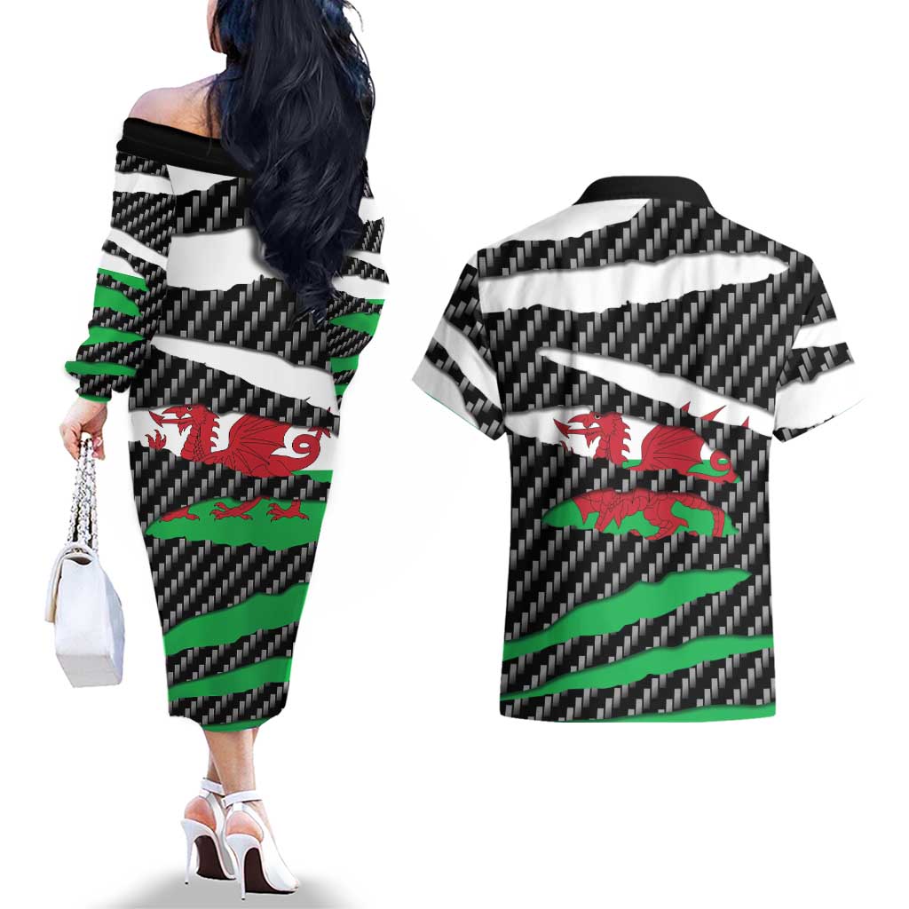 Wales Beast Couples Matching Off The Shoulder Long Sleeve Dress and Hawaiian Shirt Ripped Flag Graphic - Wonder Print Shop
