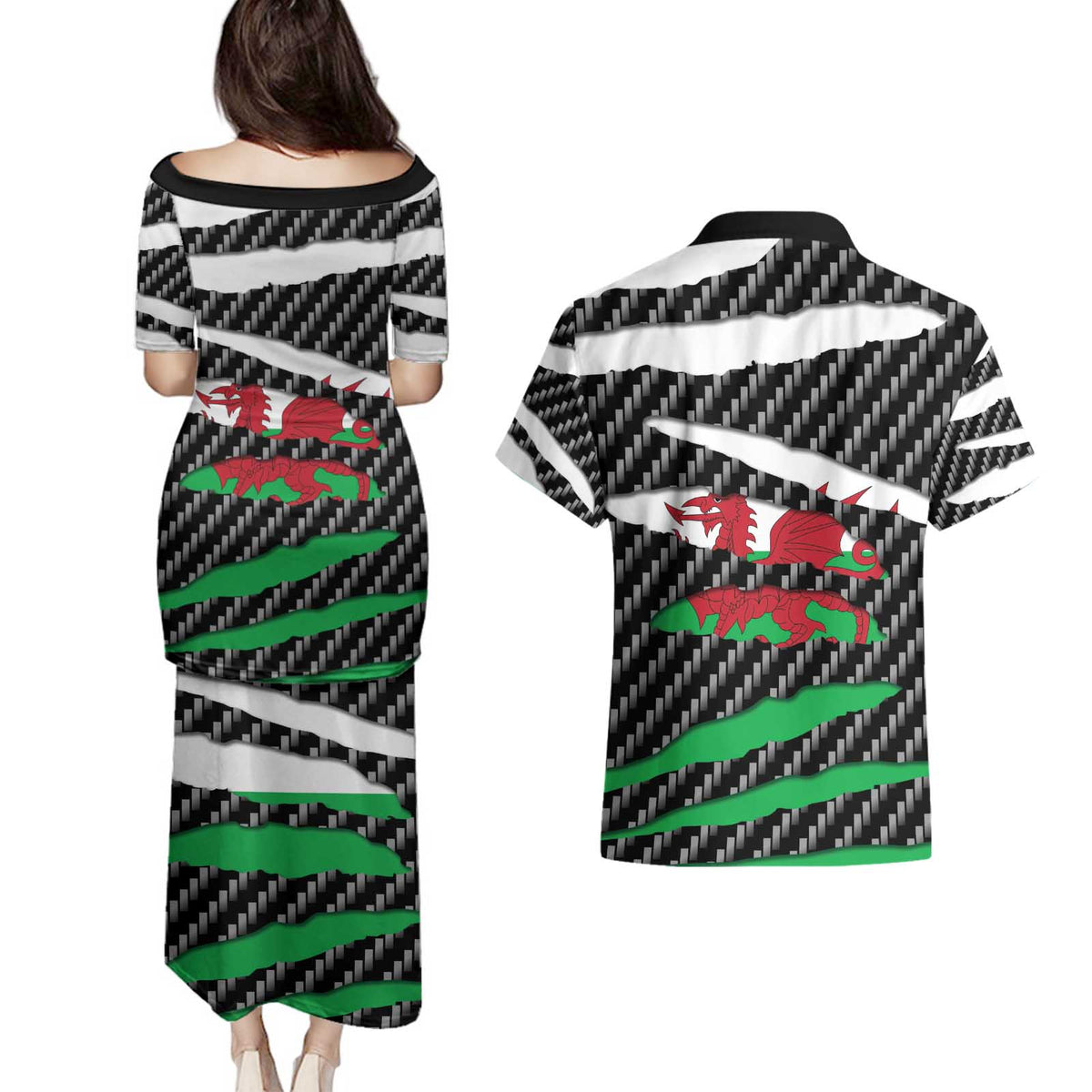 Wales Beast Couples Matching Puletasi and Hawaiian Shirt Ripped Flag Graphic - Wonder Print Shop
