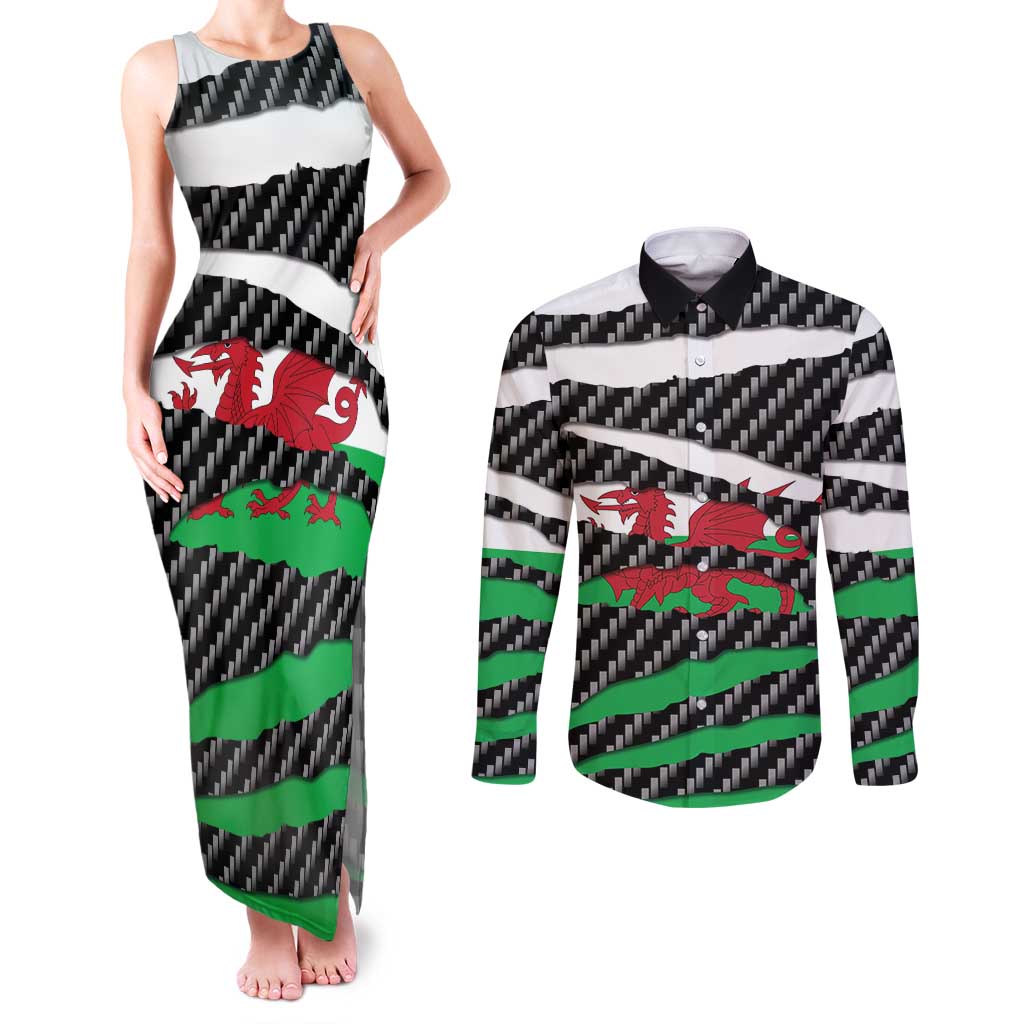 Wales Beast Couples Matching Tank Maxi Dress and Long Sleeve Button Shirt Ripped Flag Graphic - Wonder Print Shop
