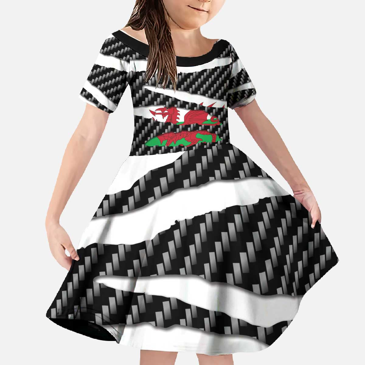 Wales Beast Family Matching Off The Shoulder Long Sleeve Dress and Hawaiian Shirt Ripped Flag Graphic - Wonder Print Shop