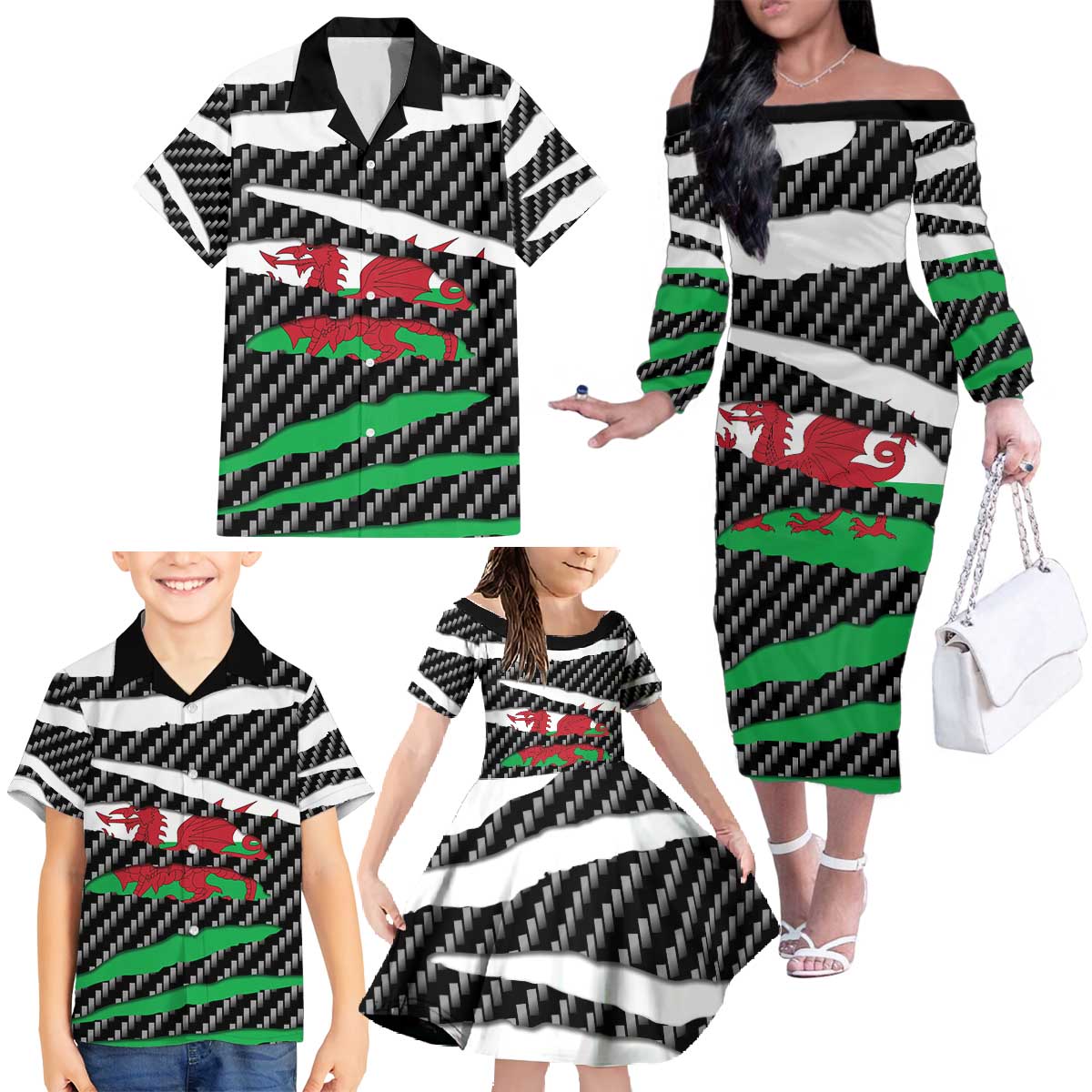 Wales Beast Family Matching Off The Shoulder Long Sleeve Dress and Hawaiian Shirt Ripped Flag Graphic - Wonder Print Shop