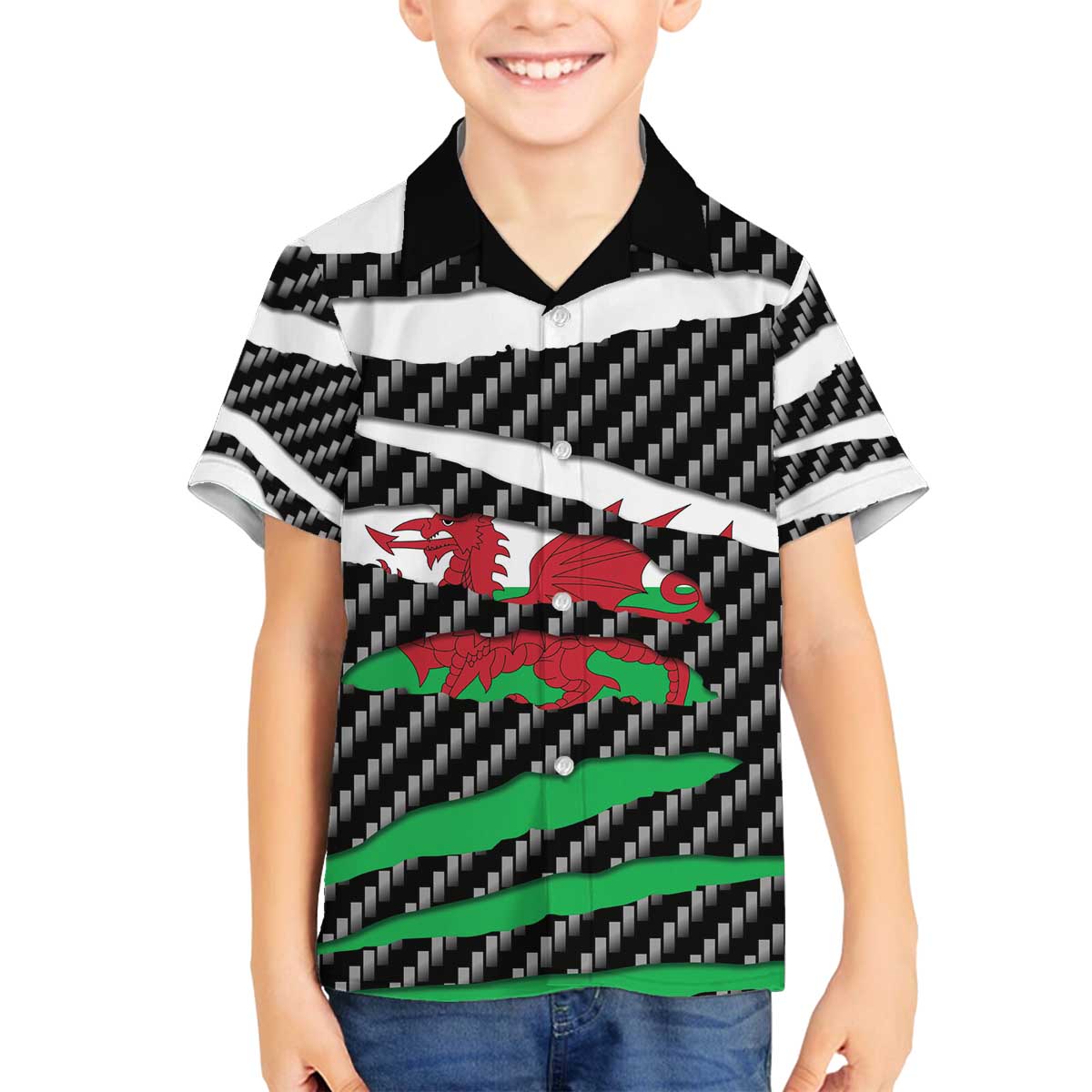 Wales Beast Family Matching Off The Shoulder Long Sleeve Dress and Hawaiian Shirt Ripped Flag Graphic - Wonder Print Shop