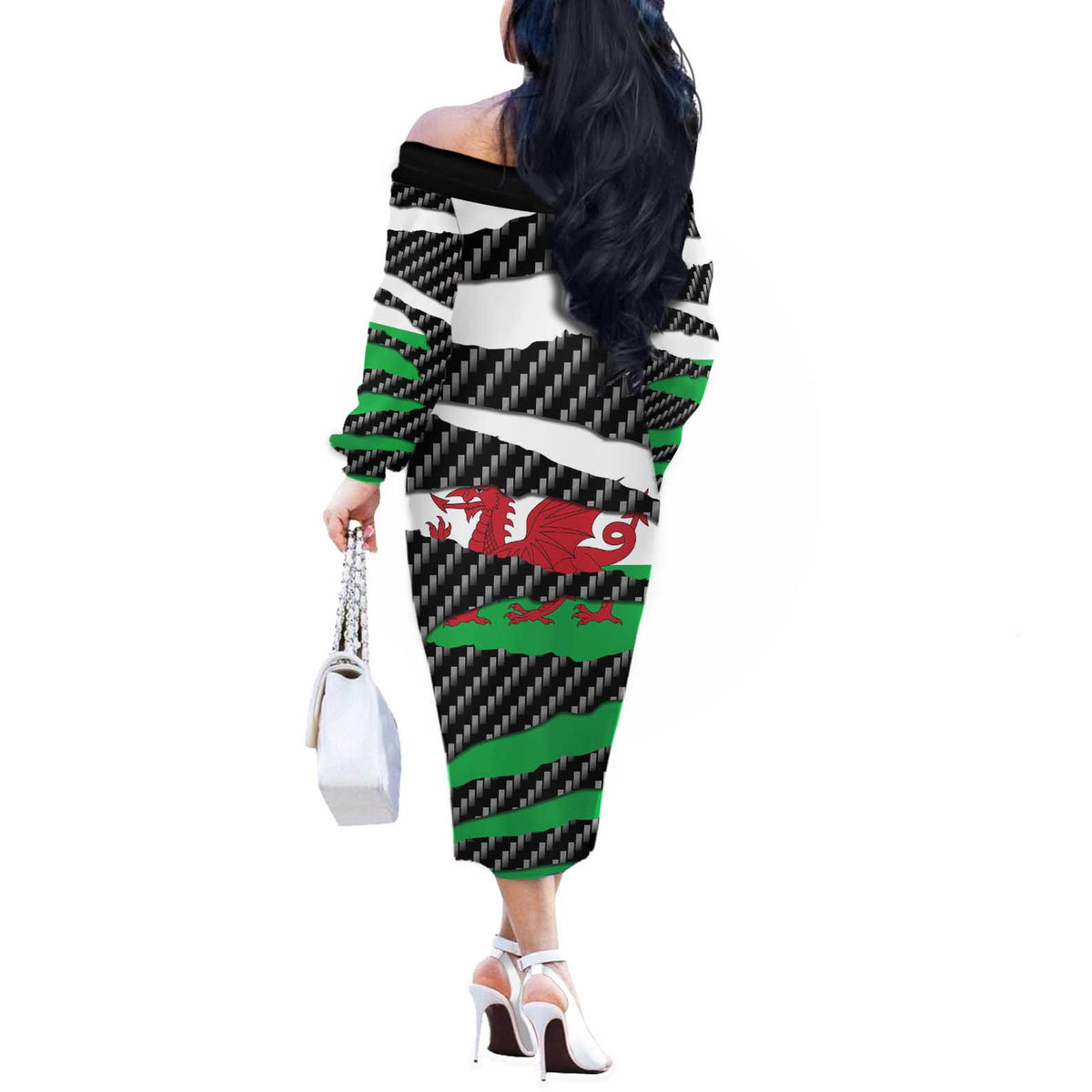 Wales Beast Off The Shoulder Long Sleeve Dress Ripped Flag Graphic - Wonder Print Shop