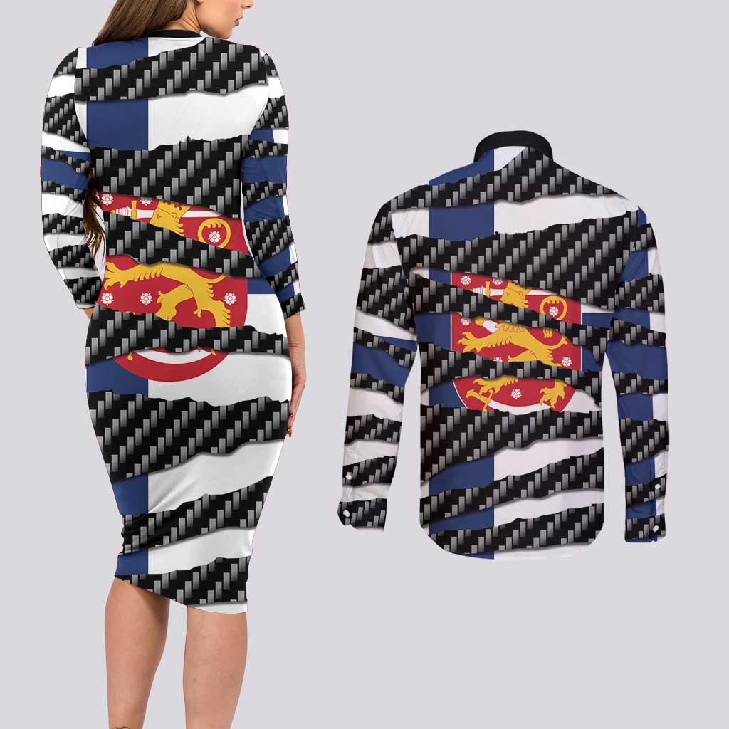 Finland Beast Couples Matching Long Sleeve Bodycon Dress and Long Sleeve Button Shirt Ripped Flag Graphic - Wonder Print Shop