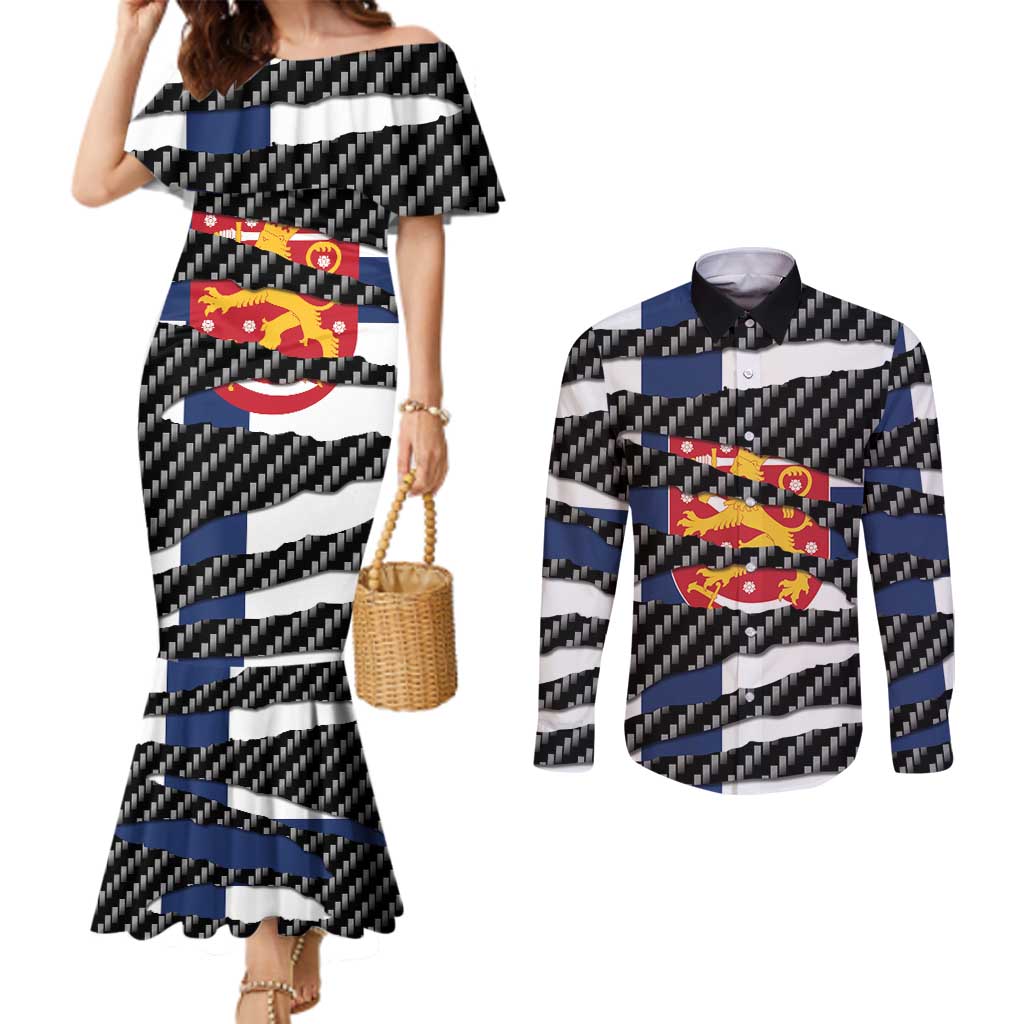 Finland Beast Couples Matching Mermaid Dress and Long Sleeve Button Shirt Ripped Flag Graphic - Wonder Print Shop