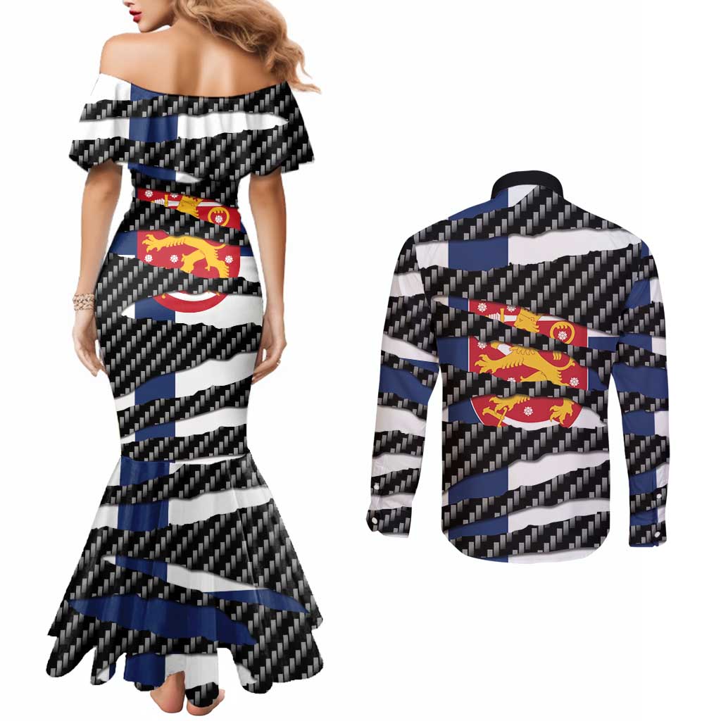 Finland Beast Couples Matching Mermaid Dress and Long Sleeve Button Shirt Ripped Flag Graphic - Wonder Print Shop