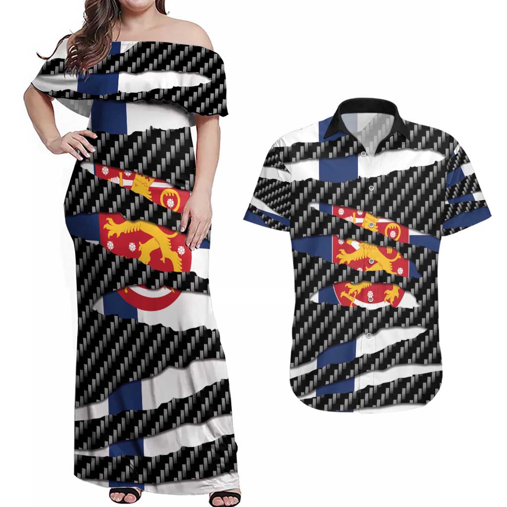 Finland Beast Couples Matching Off Shoulder Maxi Dress and Hawaiian Shirt Ripped Flag Graphic - Wonder Print Shop