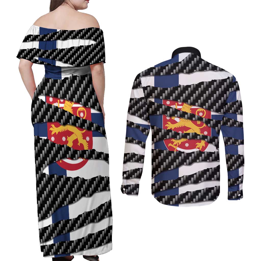 Finland Beast Couples Matching Off Shoulder Maxi Dress and Long Sleeve Button Shirt Ripped Flag Graphic - Wonder Print Shop