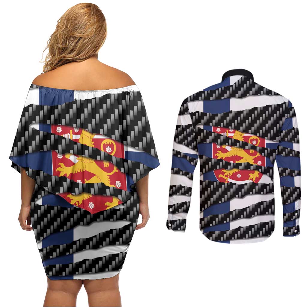 Finland Beast Couples Matching Off Shoulder Short Dress and Long Sleeve Button Shirt Ripped Flag Graphic - Wonder Print Shop