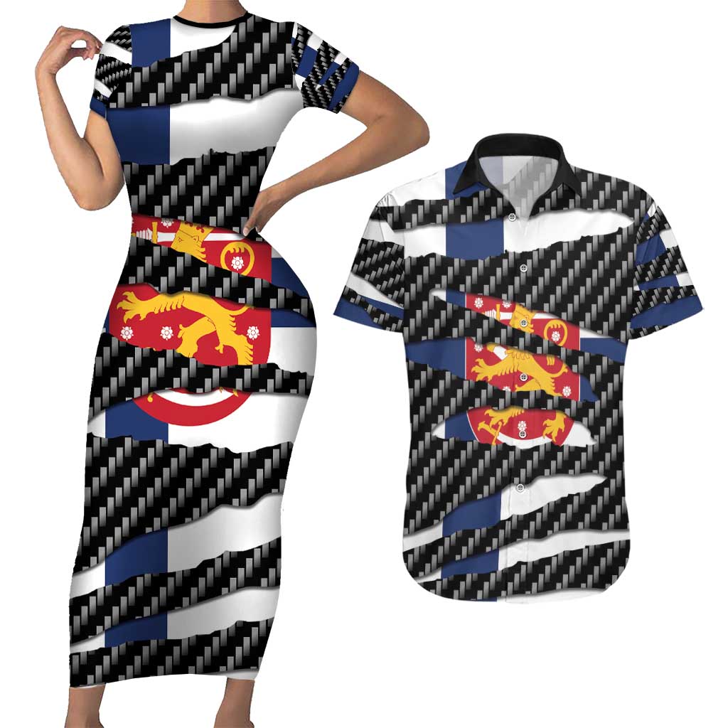 Finland Beast Couples Matching Short Sleeve Bodycon Dress and Hawaiian Shirt Ripped Flag Graphic - Wonder Print Shop