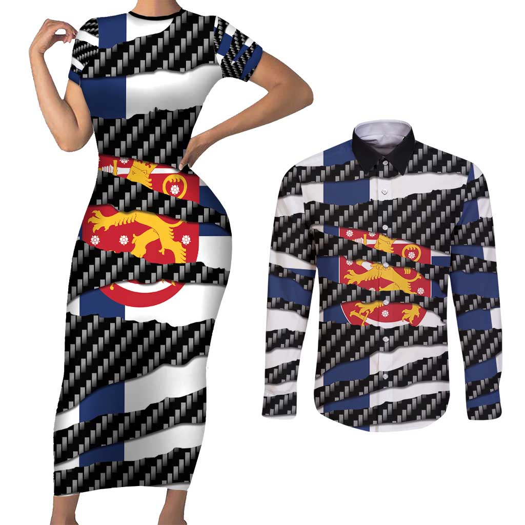 Finland Beast Couples Matching Short Sleeve Bodycon Dress and Long Sleeve Button Shirt Ripped Flag Graphic - Wonder Print Shop