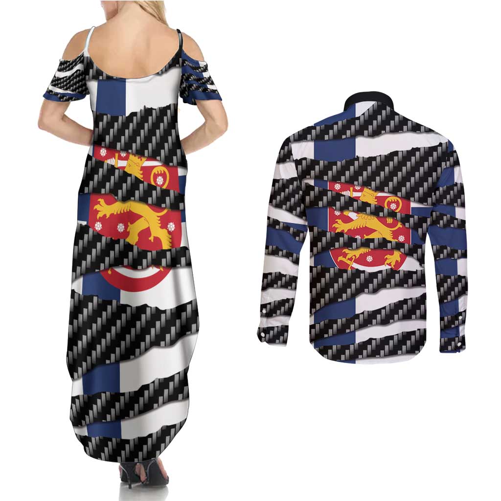 Finland Beast Couples Matching Summer Maxi Dress and Long Sleeve Button Shirt Ripped Flag Graphic - Wonder Print Shop