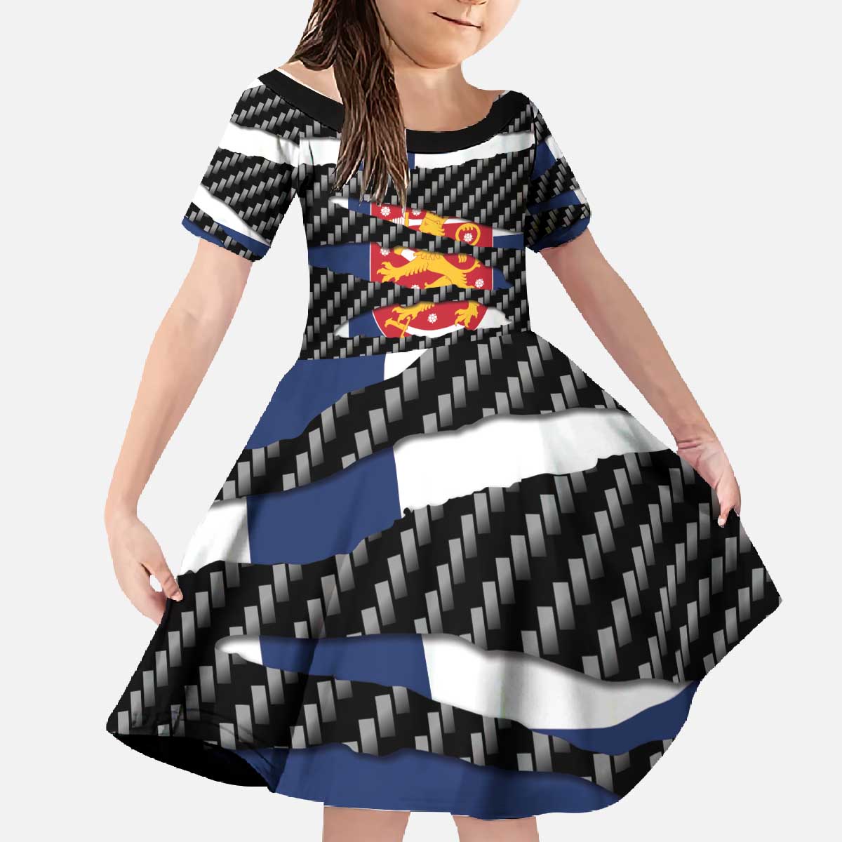 Finland Beast Family Matching Off The Shoulder Long Sleeve Dress and Hawaiian Shirt Ripped Flag Graphic - Wonder Print Shop