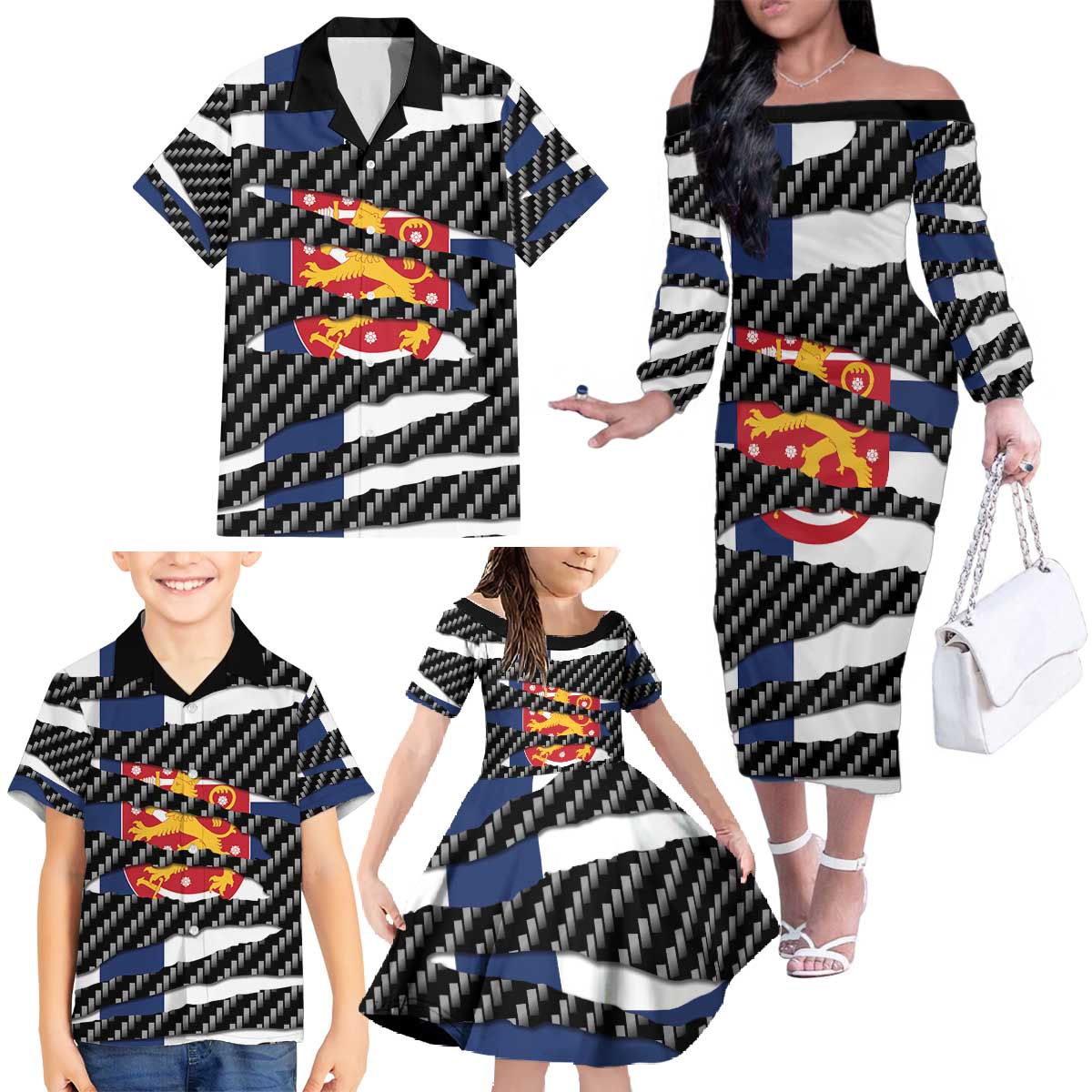 Finland Beast Family Matching Off The Shoulder Long Sleeve Dress and Hawaiian Shirt Ripped Flag Graphic - Wonder Print Shop