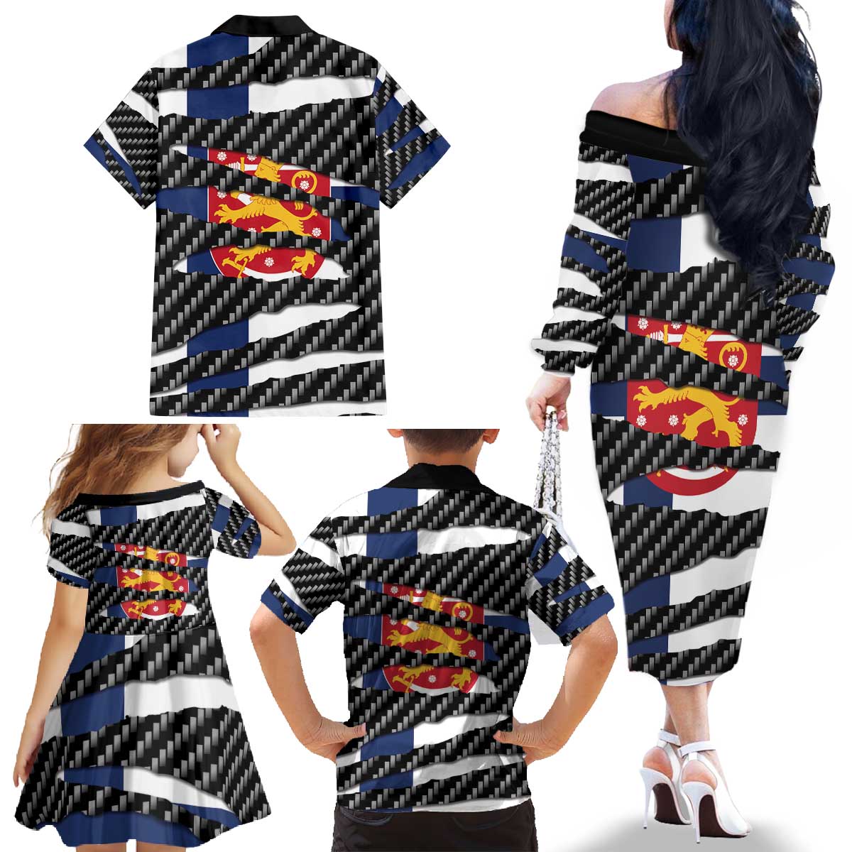 Finland Beast Family Matching Off The Shoulder Long Sleeve Dress and Hawaiian Shirt Ripped Flag Graphic - Wonder Print Shop