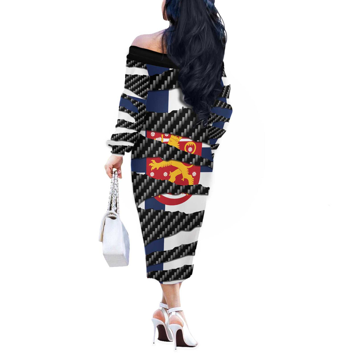 Finland Beast Off The Shoulder Long Sleeve Dress Ripped Flag Graphic - Wonder Print Shop