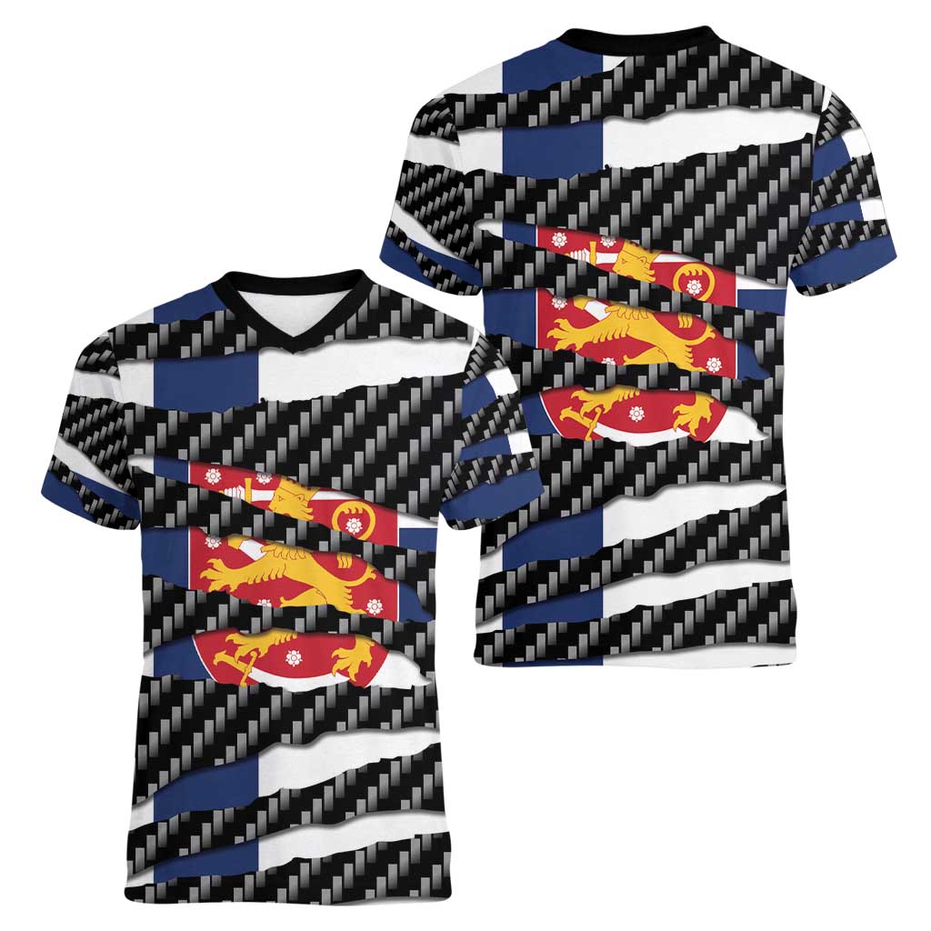 Finland Beast Women V-Neck T-Shirt Ripped Flag Graphic - Wonder Print Shop